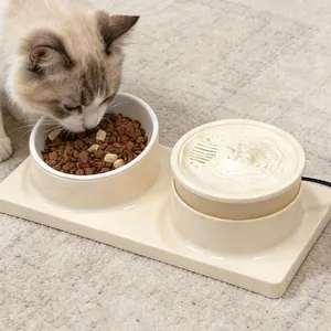 Fontana automatica 2-in-1 e set di ciotole in ceramica per gatti con protezione collo