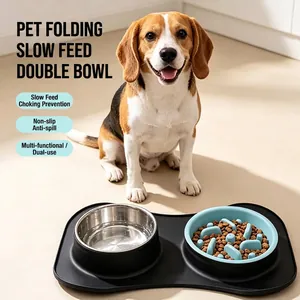 Pet Slow Feeder Dog Bowl Set Double Bowls With Stainless Steel Water Bowl And Silicone Mat Suction Cup Spill Proof For Dogs Cats