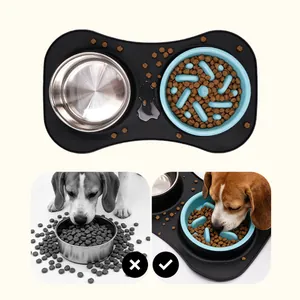 Anti-spill pet slow feeder bowl set with silicone mat and stainless steel bowl