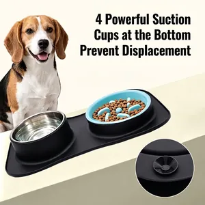 Anti-tip dog bowl set with slow feeder and non-slip suction cup silicone mat