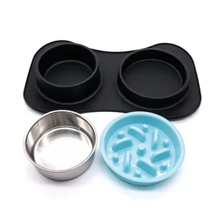 Anti-spill pet feeding station with stainless steel bowl and blue slow feeder