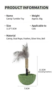 Detailed specifications of the catnip tumbler toy with sisal and decorative feathers