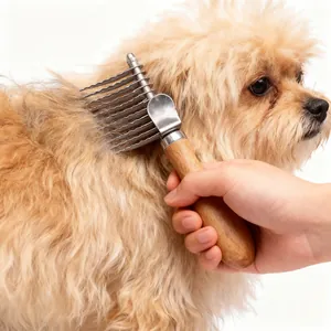 Pet grooming dematting rake with wooden handle and stainless steel blades for dogs