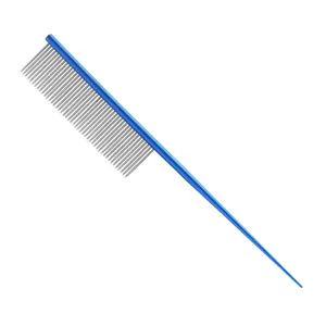 Blue stainless steel pin tail pet grooming comb for detangling and deshedding hair