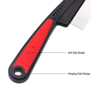Fine-tooth stainless steel pet flea comb featuring an anti-slip handle and hanging hole.