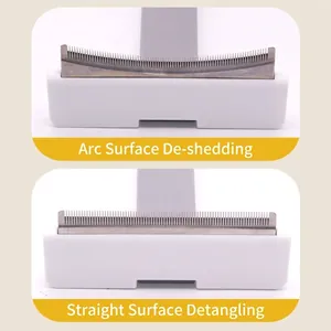 Dual-sided pet grooming tool with curved and straight blades for hair removal.