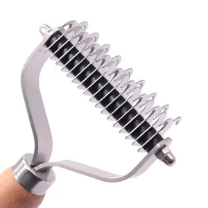 Double-sided dog de-matting rake with wooden handle for pet grooming