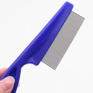 Professional blue pet flea comb with fine metal teeth for grooming and flea removal