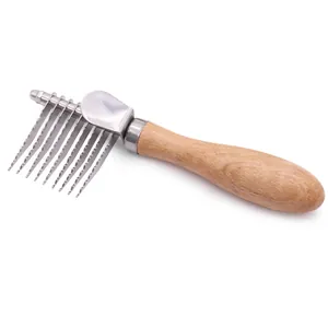 Wooden handle pet dematting rake with stainless steel blades for dog hair removal