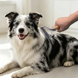 Double-sided pet grooming rake with wooden handle for dogs de-shedding and dematting.