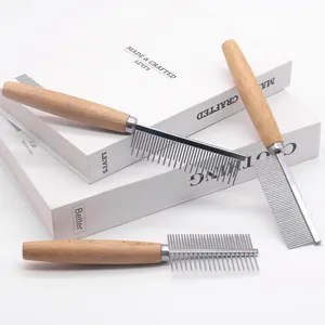 Professional Pet Grooming Comb Stainless Steel Teeth Wooden Handle Hair Shedding Flea Removing Tool For Dogs And Cats