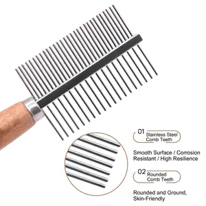 Professional pet grooming comb with wooden handle and stainless steel fine teeth