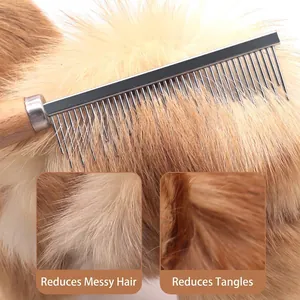 Professional pet grooming comb with a wooden handle and steel teeth for detangling fur