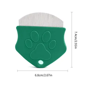 Professional green pet flea comb with paw print design and precise size measurements