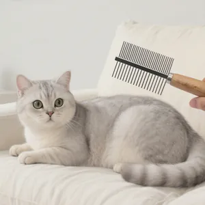 Professional wooden handle pet comb designed for deshedding and grooming cats and dogs