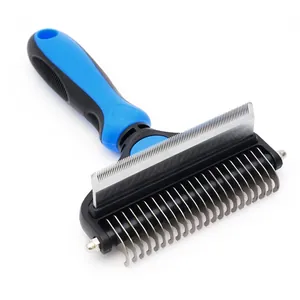 Professional double-sided pet deshedding rake with ergonomic blue and black handle