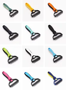 Multi-color double-sided pet dematting combs for dogs and cats in a grid layout