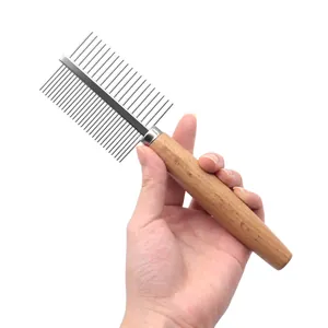 Professional wooden handle pet grooming comb with double-sided steel teeth for dogs and cats