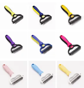 Close-up detail of double-sided pet de-matting brushes in nine assorted vibrant colors