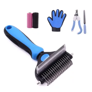 Professional pet grooming kit with deshedding tool, glove, and nail clipper set