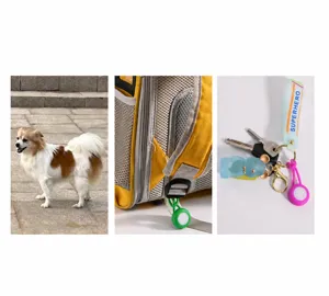 Multi-scenario usage showing the LED safety pendant on a dog collar, backpack and keychain
