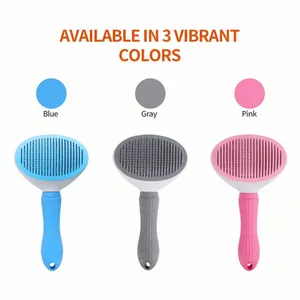 Pet grooming brush available in blue, gray, and pink with self-cleaning feature
