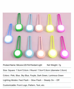 Detail view of colorful LED silicone pet pendants with specifications table below