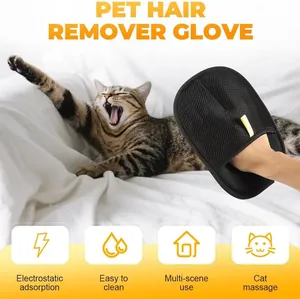 Detail view of the black mesh pet hair remover glove for electrostatic cat fur cleaning