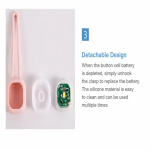 Detachable LED pet safety tag showing battery replacement process and silicone cover