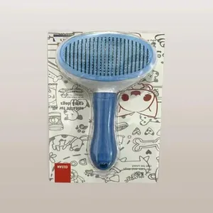 Professional blue pet slicker brush for cats and dogs grooming in retail packaging