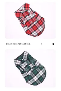 Close-up of breathable plaid pet shirts in red and green for small dogs and cats
