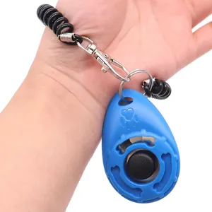 Blue pet training clicker with black wrist strap for dog obedience and behavior training