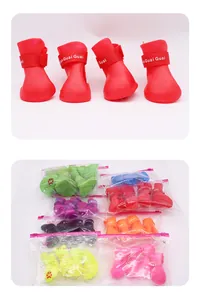 Colorful waterproof silicone dog boots for all seasons in various packaging options.