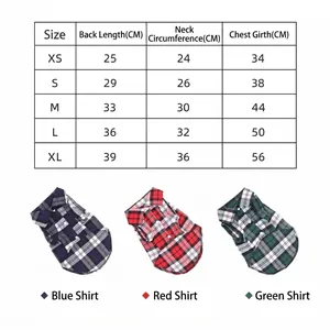 Plaid pet shirt size chart for small dogs and cats in blue, red, and green options
