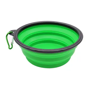 Green portable collapsible silicone pet bowl with carabiner clip for outdoor travel