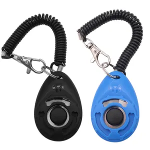 Set of two pet dog training clickers with black elastic spiral wrist coils and metal clips