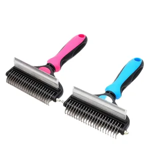 Rastrello scioglinodi 2 in 1 professionale e spazzola per muta per cani in rosa e blu.