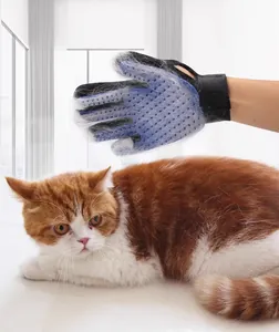 Blauer Tierpflegehandschuh entfernt effektiv lose Haare von einer rot-weißen Katze