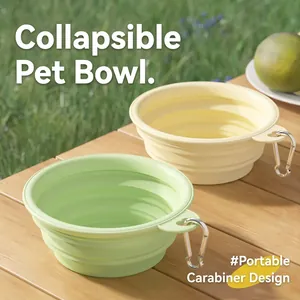 Portable collapsible silicone pet bowl with carabiner for travel, green and yellow