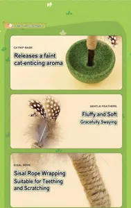 Detail view of catnip base, gentle feathers and sisal rope cat tumbler toy