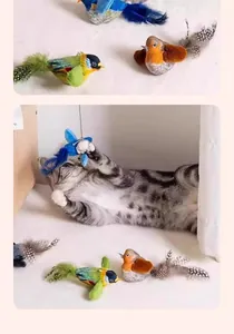 Realistic plush bird cat toys with colorful feathers shown in a playful home setting