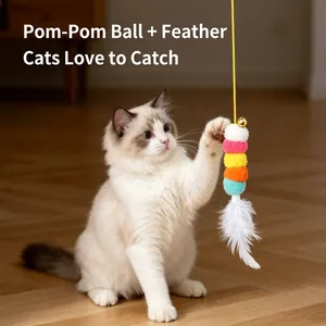 Juguete interactivo para gatos con pompones de colores y plumas para juego en casa