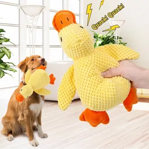 Yellow corduroy plush duck dog toy designed for interactive chewing and fetching