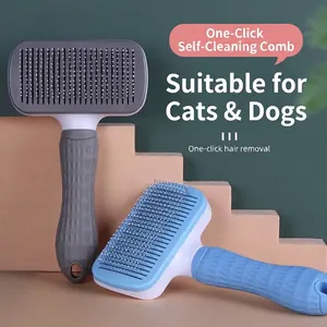 One-click self-cleaning pet grooming brush for cats and dogs in grey and blue colors
