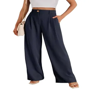 Damespantalon met hoge taille en wijde pijpen in marineblauw zakelijke casual detail