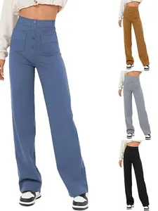 Pantalon décontracté taille haute pour femme avec boutons devant et plusieurs poches