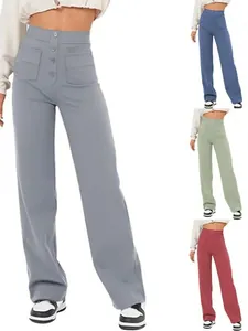Collage de pantalons droits à taille haute boutonnés en gris, bleu, vert et rouge