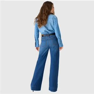 Rear view of stylish women's high-waisted wide-leg denim jeans in a dark blue wash
