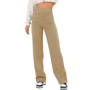 Pantalon femme taille haute jambe droite avec boutons et poches avant