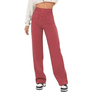 Détail du pantalon droit à taille haute pour femme avec braguette à boutons et poches